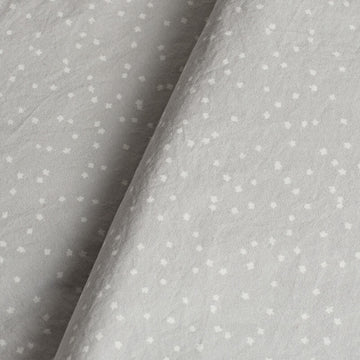 Gray fabric with small white polka stars. 100% Organic percale cotton bed sheets. 