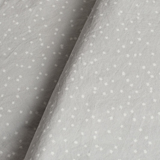 Gray fabric with small white polka stars. 100% Organic percale cotton bed sheets. 